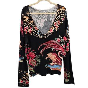 Alberto Makali Women’s Long Sleeve Top Size XL Crane & Floral Print V-Neck